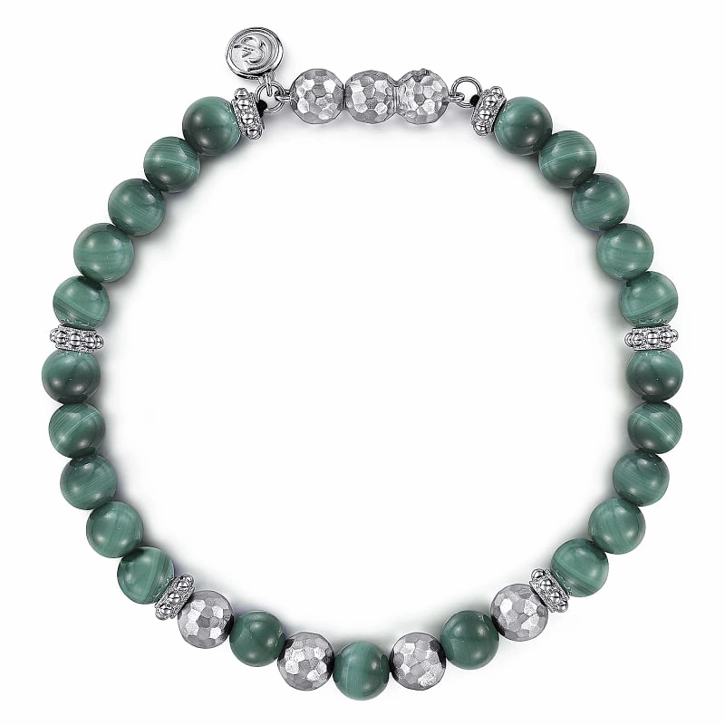 925 Sterling Silver and Malachite Beaded Bracelet Charming Features Dramatic Flare