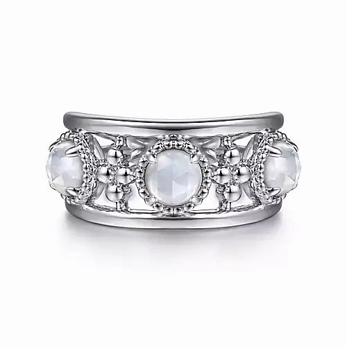 925 Sterling Silver Bujukan Rock Crystal and White Mother of Pearl Station Ring Timeless Gems Crisp Accent
