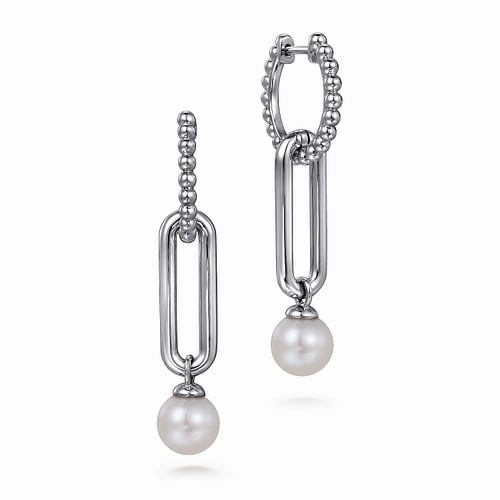 925 Sterling Silver Pearl Bujukan Huggie Drop Earrings Luxe Appeal Close Detail