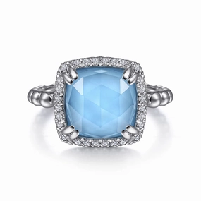 Daily Classic Elegant Glow 925 Sterling Silver White Sapphire and Turquoise Halo Signet Ring