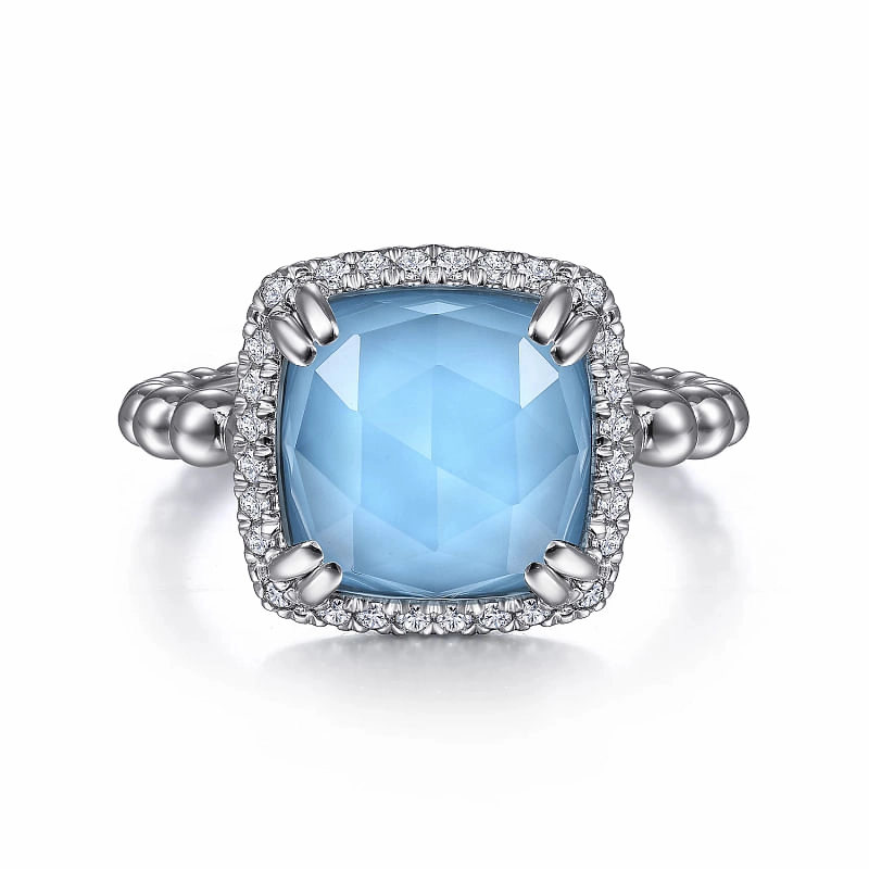 Daily Classic Elegant Glow 925 Sterling Silver White Sapphire and Turquoise Halo Signet Ring