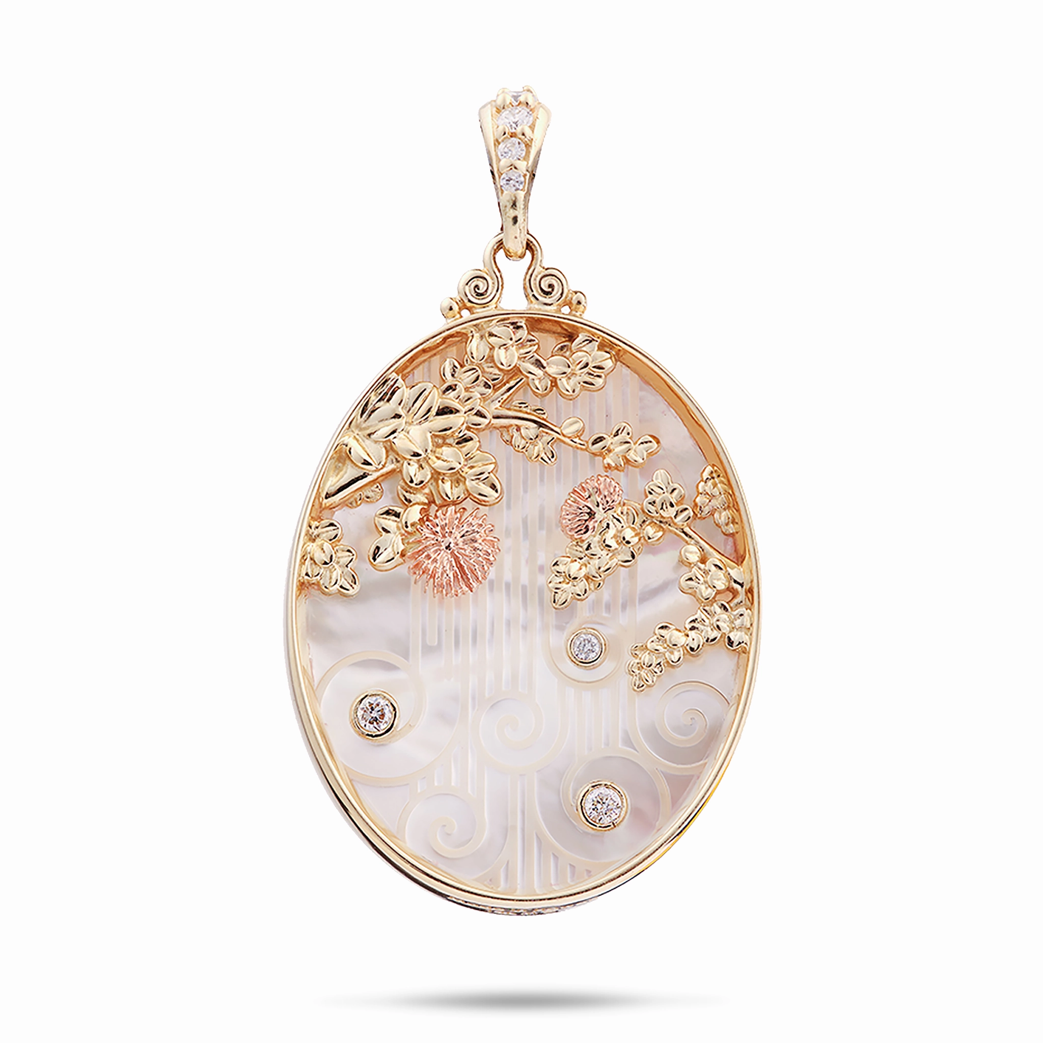???hi?a Lehua Waterfall Mother of Pearl Pendant in Two Tone Gold with Diamonds Shining Detail Fashion Gift