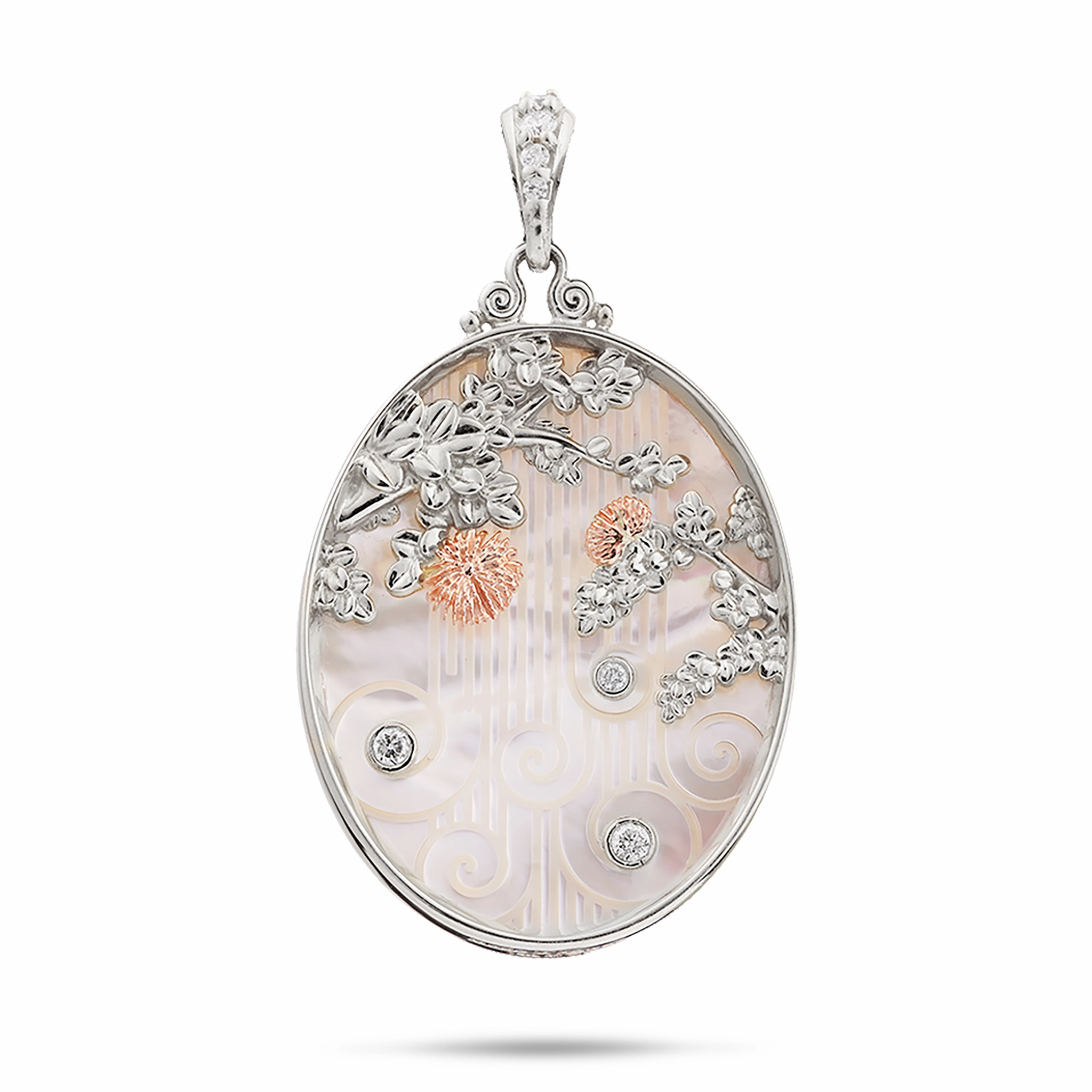 Premium Jewelry Special Style ???hi?a Lehua Waterfall Mother of Pearl Pendant in Two Tone Gold with Diamonds