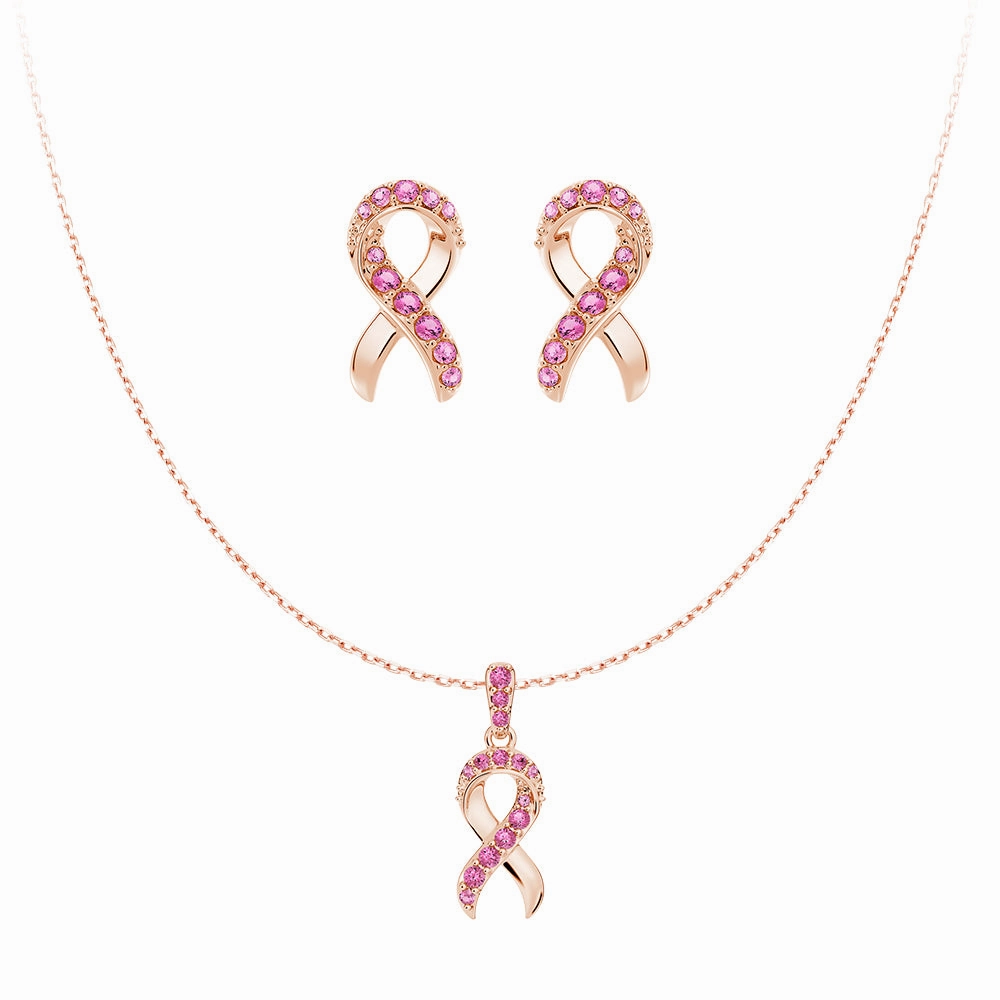 Custom Finish ??Faith Over Fear?? Ribbon Necklace & Earrings Set With Pav?? Pink Sapphires