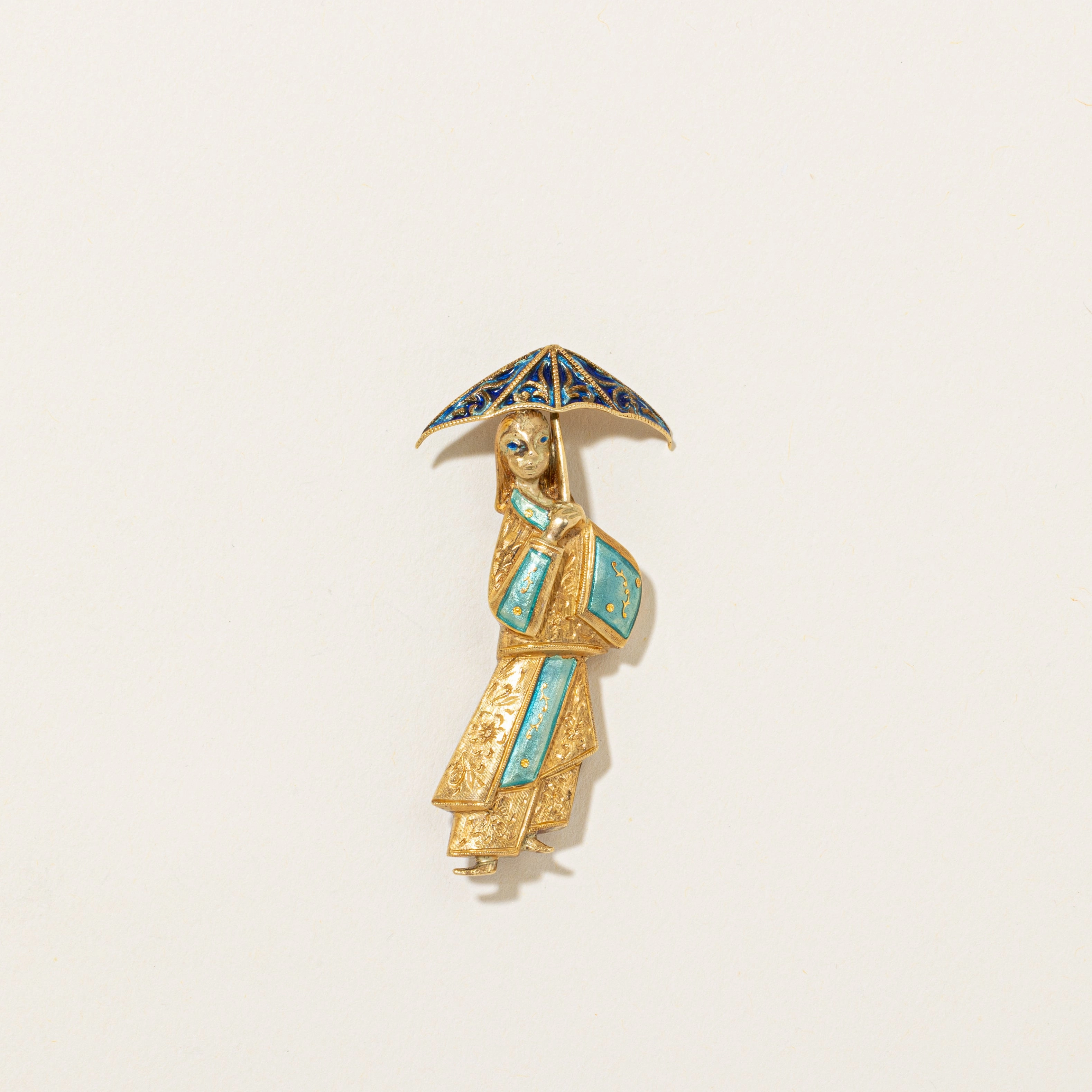 Luxury Aura 'Hemsley' 18k Antique Traditional Japanese Lady Figure with Parasol Enamel Brooch