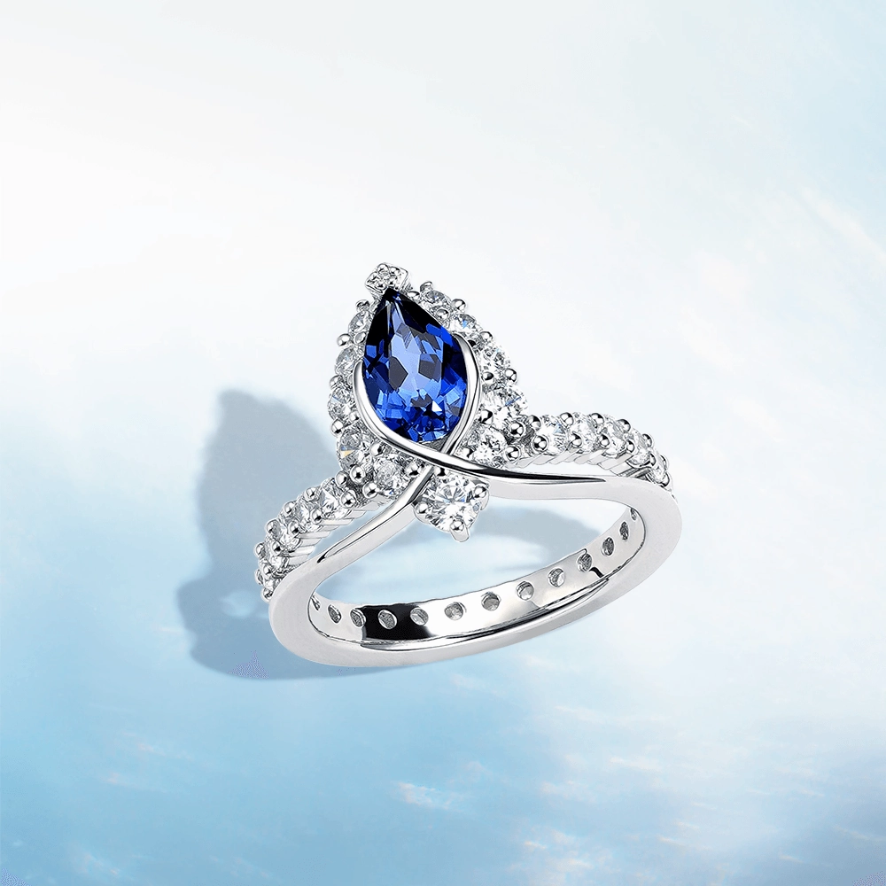 "ENDLESS BLUE" Luxe Crown Pear Shaped Sapphire Ring Shiny Gifts
