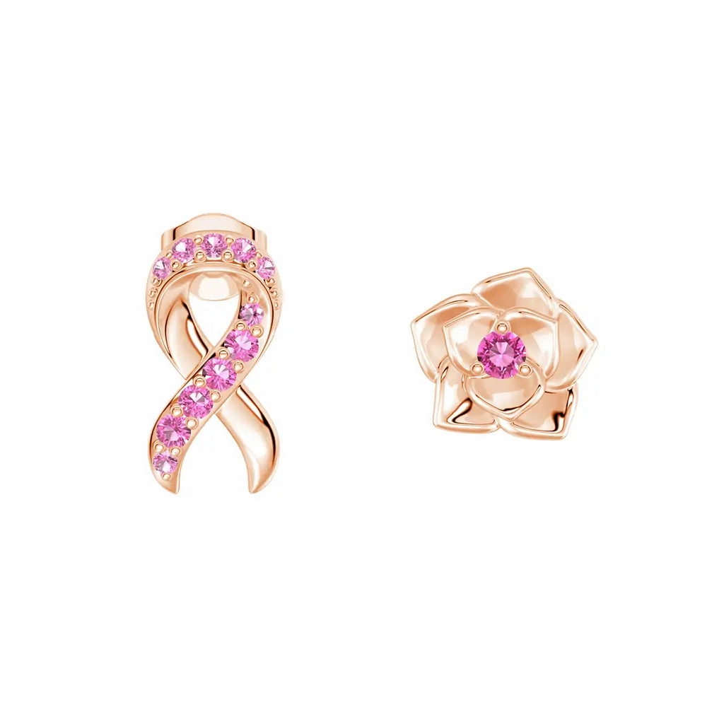 ??Ribbon & Rose?? Breast Cancer Awareness Mismatched Earrings Shiny Pieces