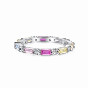 Sterling Silver Multicolor Baguette CZ Eternity Ring - Rainbow Gemstones Timeless Beauty Sparkling Edge