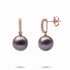 Ultraviolet Pearl Earrings in Rose Gold with Diamonds - 11-12mm Luminous Sparkle Classic Edge