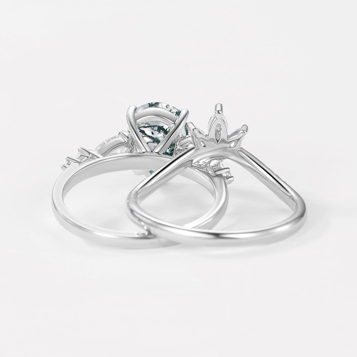 2.0ct Pear Shaped Moss Agate Chevron Bridal Ring Set 2pcs Luxury Line Elegant Beauty