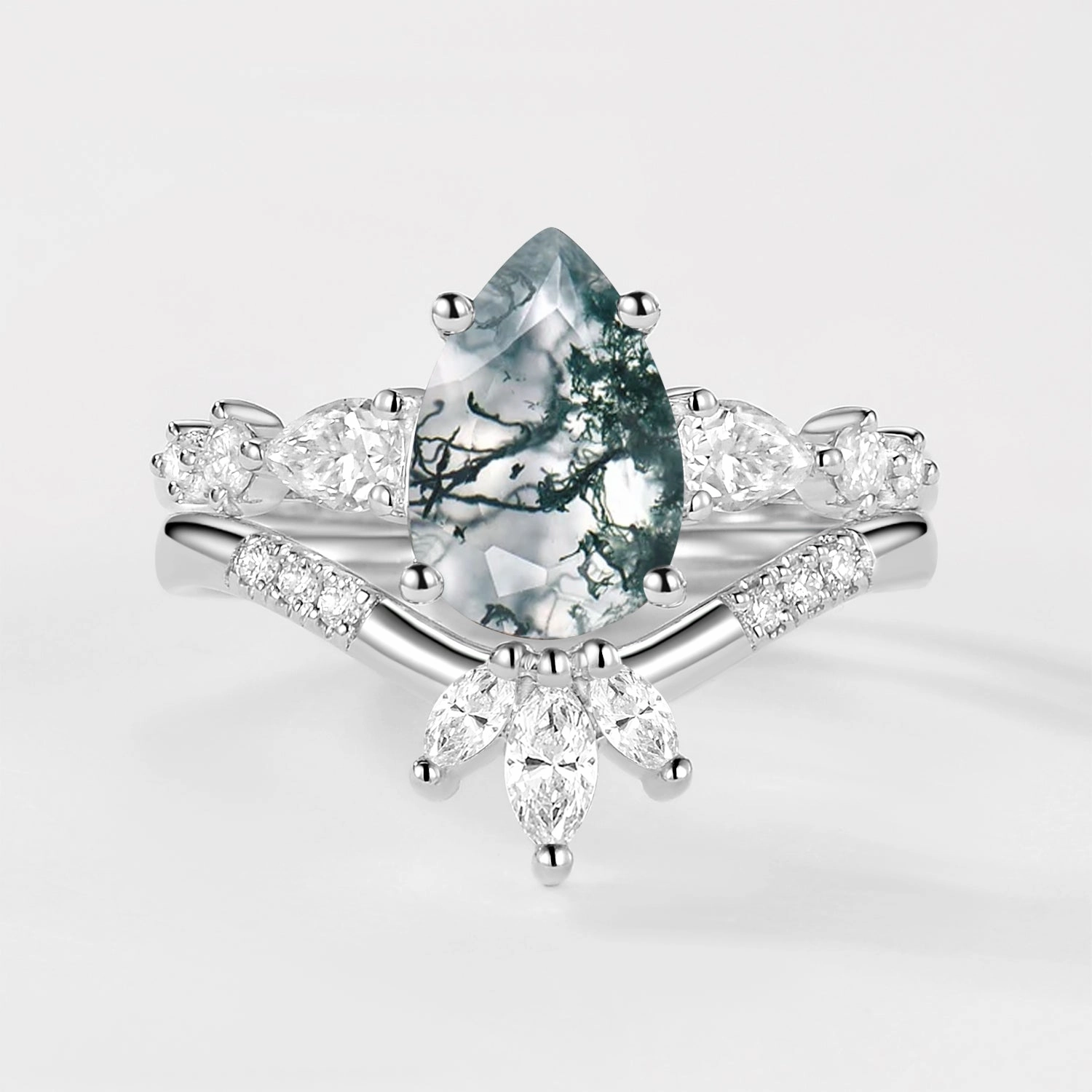 2.0ct Pear Shaped Moss Agate Chevron Bridal Ring Set 2pcs Sophisticated Edge
