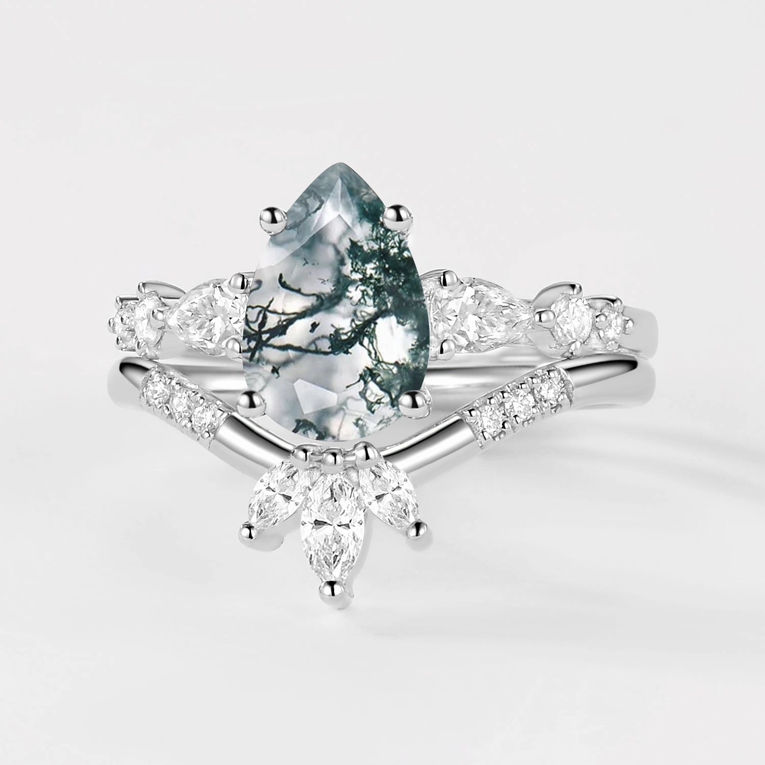 Flat Lay 2.0ct Pear Shaped Moss Agate Chevron Bridal Ring Set 2pcs