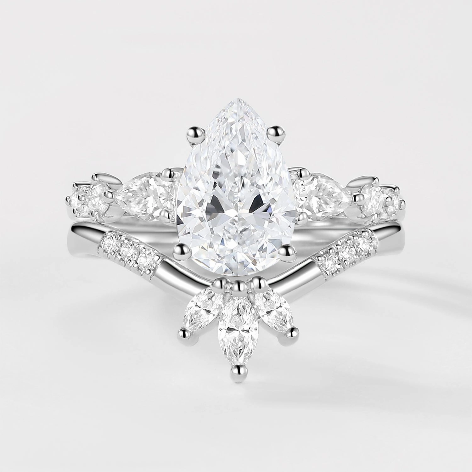 2.0ct Pear Shaped Moss Agate Chevron Bridal Ring Set 2pcs Modern Detail