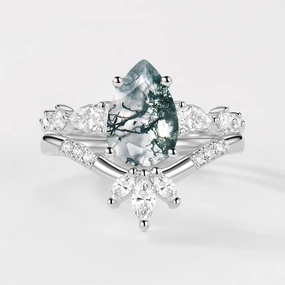 2.0ct Pear Shaped Moss Agate Chevron Bridal Ring Set 2pcs Casual Touch