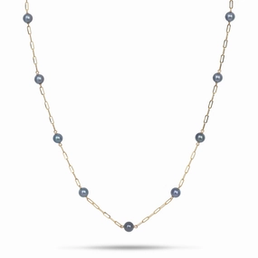 Casual Pair Adjustable 34-35" Tahitian Black Pearl Paperclip Chain Necklace in Gold - 10-11mm