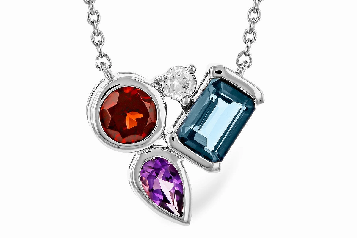 Seasonal Style Winter Accent 14K White Gold Garnet, Amethyst, London Blue Topaz & Diamond Bezel Set Necklace