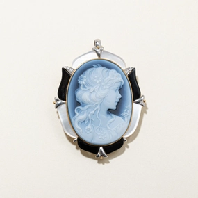 Bright Reflection All Time Agate, Mother of Pearl & Diamond Cameo Pendant & Brooch | 34.00ct, 0.04ctw