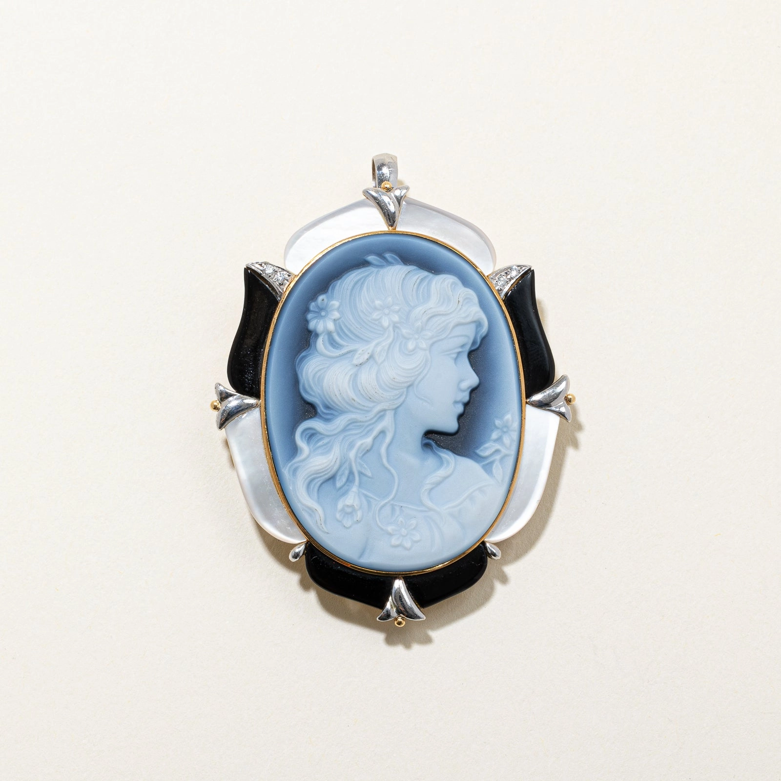 Bright Reflection All Time Agate, Mother of Pearl & Diamond Cameo Pendant & Brooch | 34.00ct, 0.04ctw