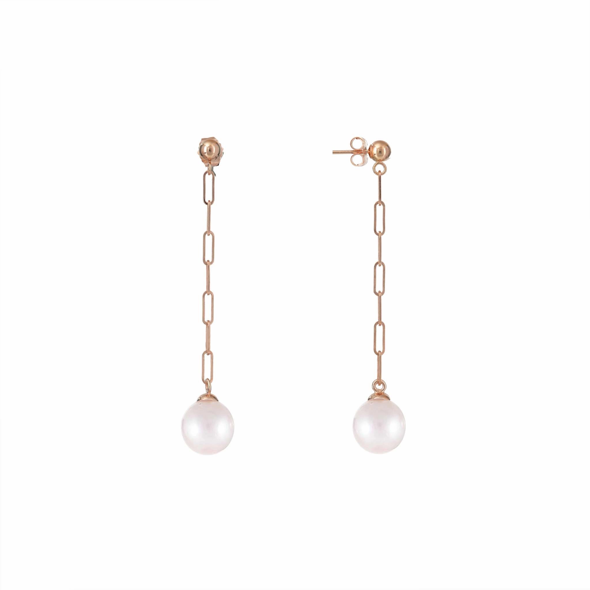 Glamorous Glow Glamorous touch Akoya White Pearl Paperclip Chain Earrings in Rose Gold - 8mm