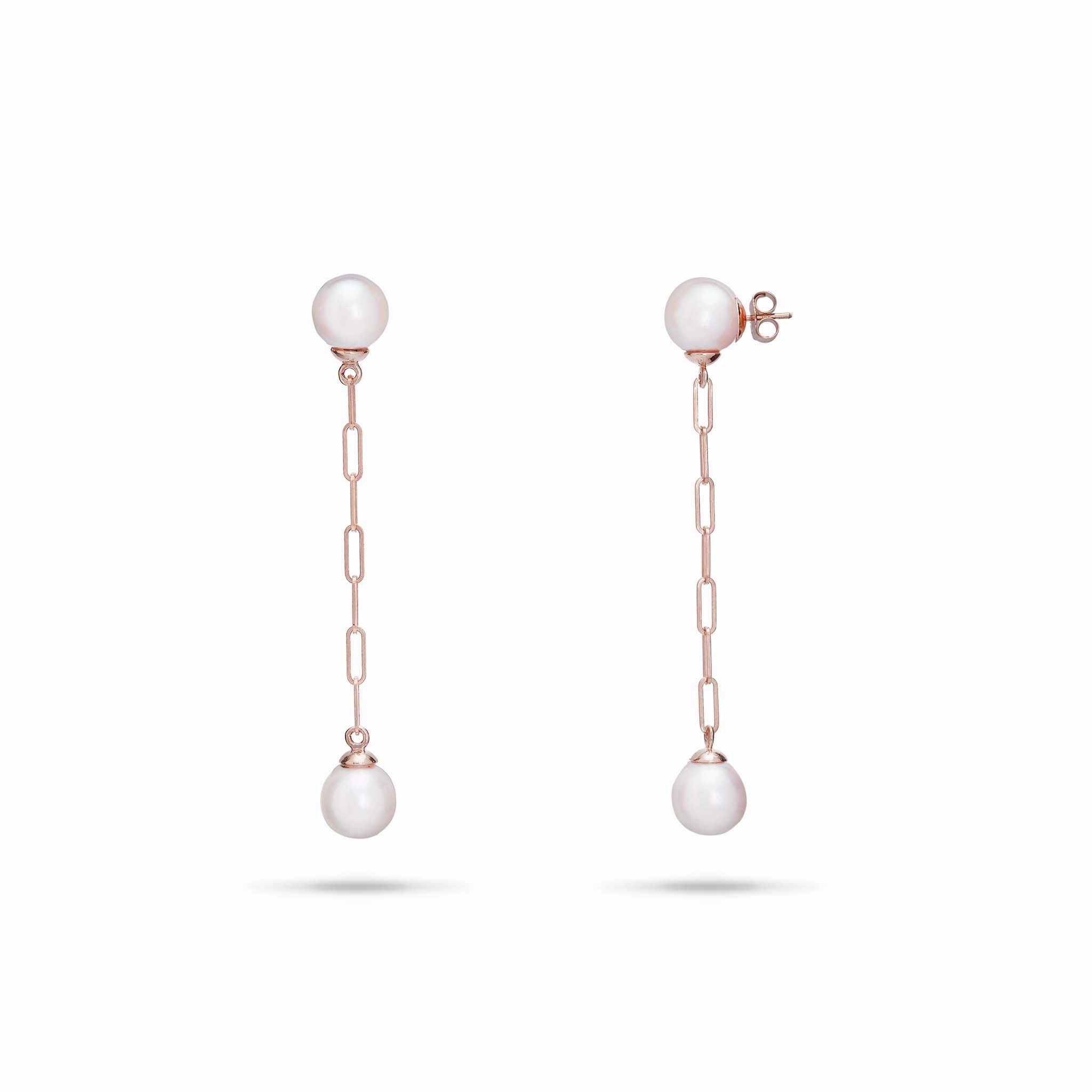 Sparkling Style Shine On Akoya White Pearl Paperclip Chain Earrings in Rose Gold - 8mm
