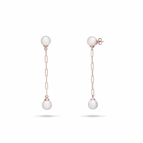Sparkling Style Shine On Akoya White Pearl Paperclip Chain Earrings in Rose Gold - 8mm