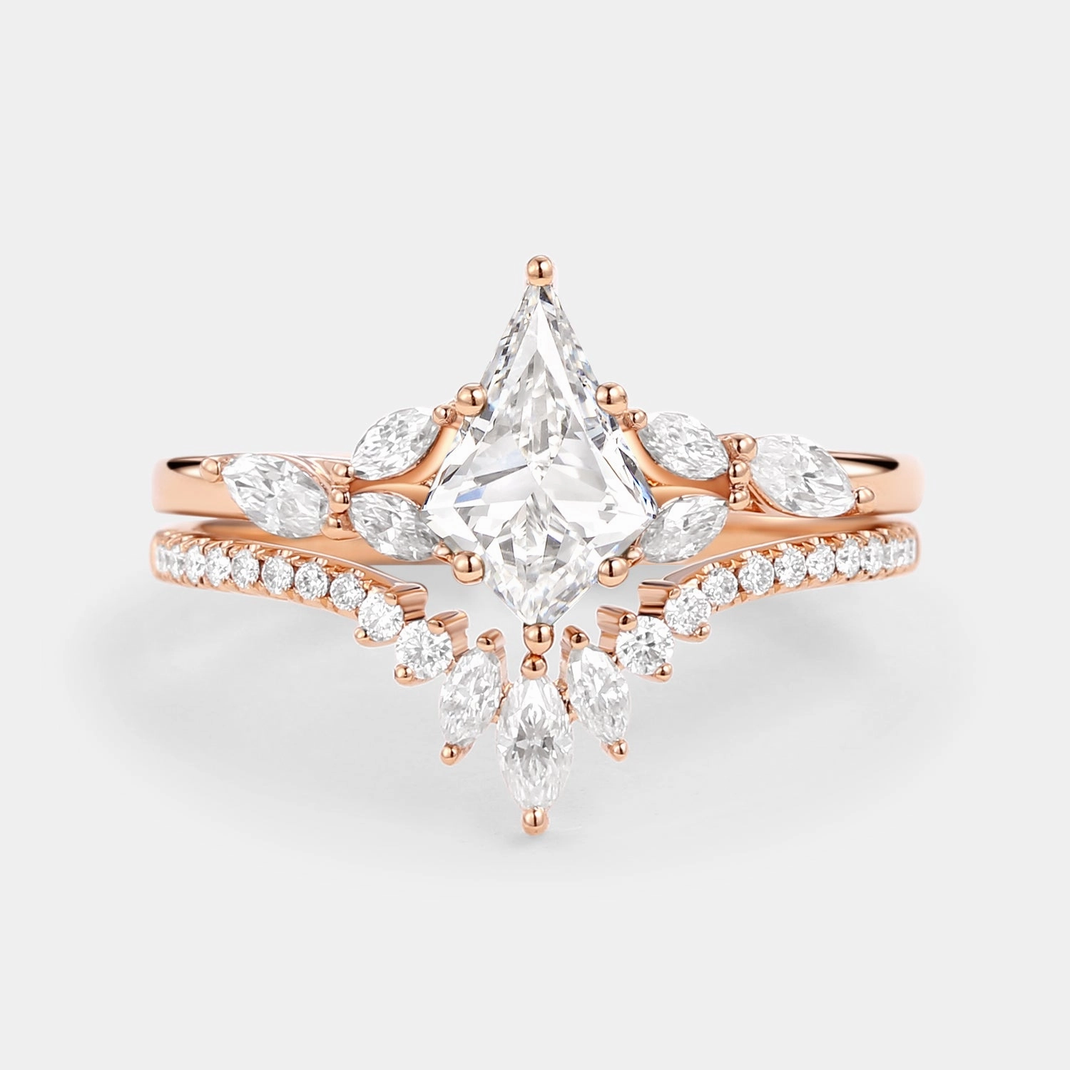 Kite Cut Lab Grown Diamond Engagement Ring Set 2pcs - July Rich Texture Luminous Touch