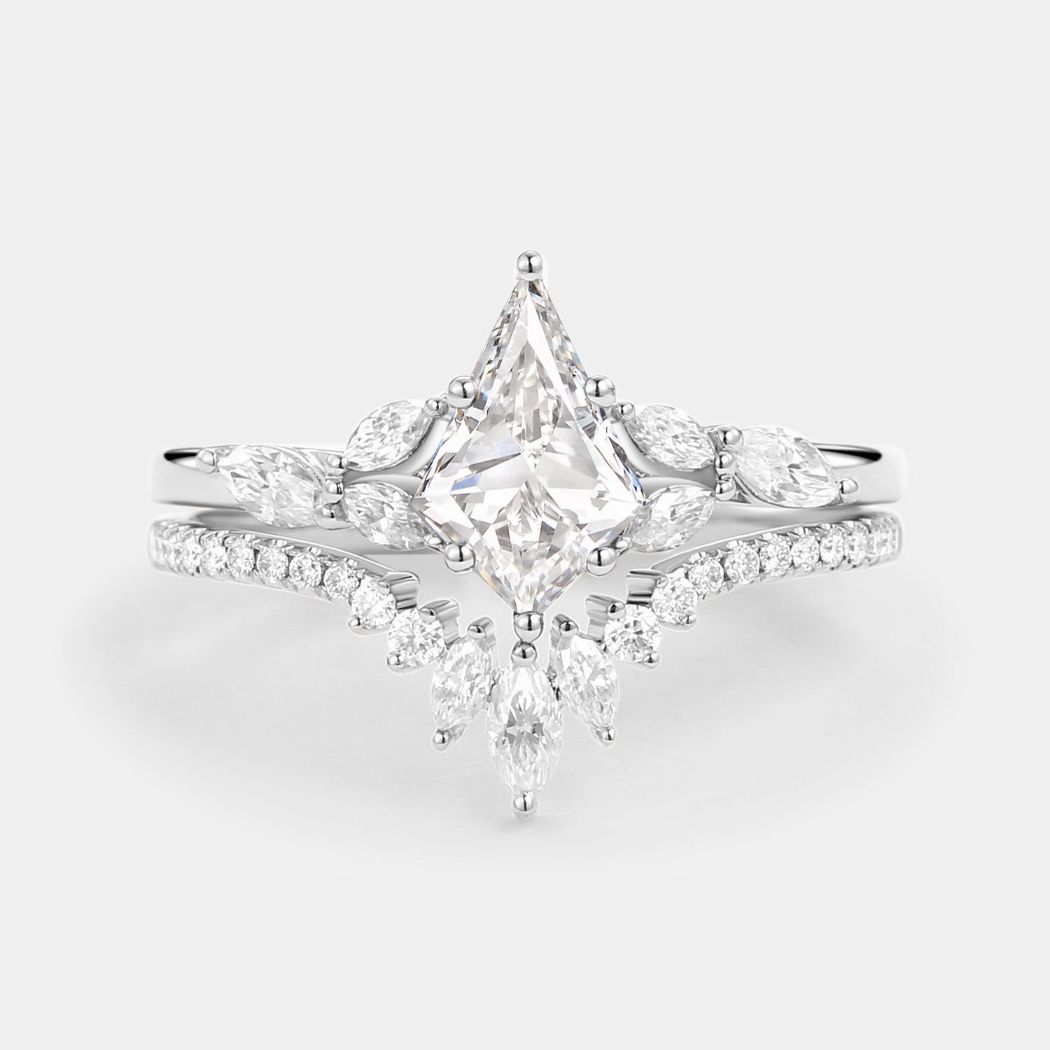 Charming Detail Trendy Touch Kite Cut Lab Grown Diamond Engagement Ring Set 2pcs - July