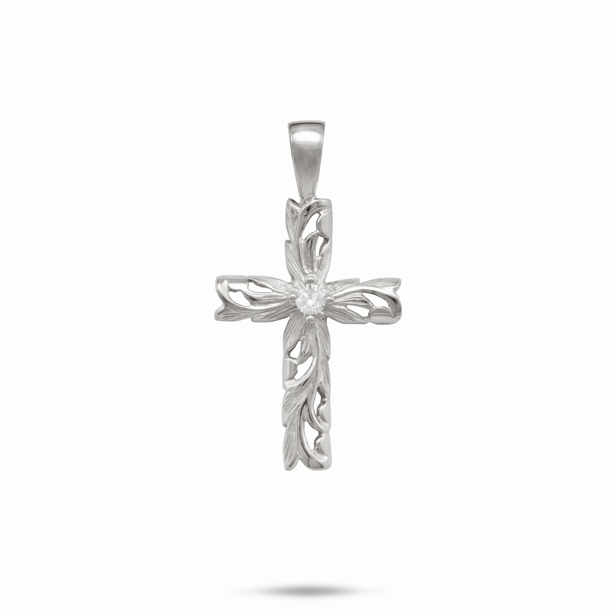 Muted Style Vibrant Sparkle Hawaiian Heirloom Old English Scroll Cross Pendant in White Gold with Diamond - 23mm