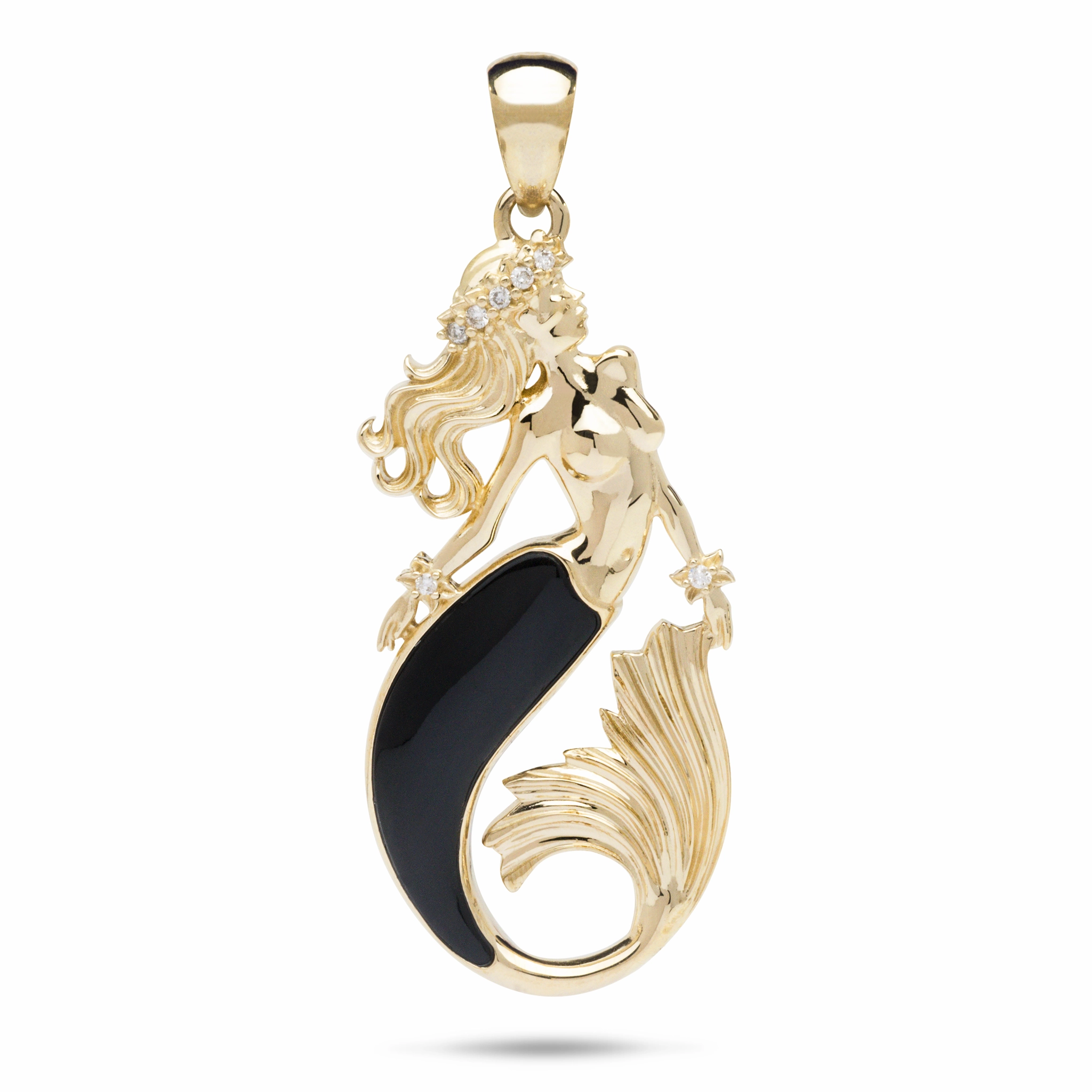 Photo Ready Exquisite Edge Sealife Mermaid Black Coral Pendant in Gold with Diamonds - 35mm