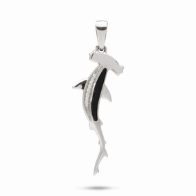 Sealife Hammerhead Shark Black Coral Pendant in White Gold with Diamonds - 34mm Shiny Jewelry Touch
