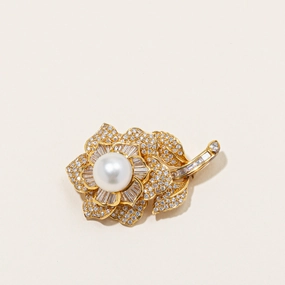 South Sea Pearl & Diamond Flower Brooch |13mm Pearl, 7.62ctw Diamonds | VS G/H Soft Light