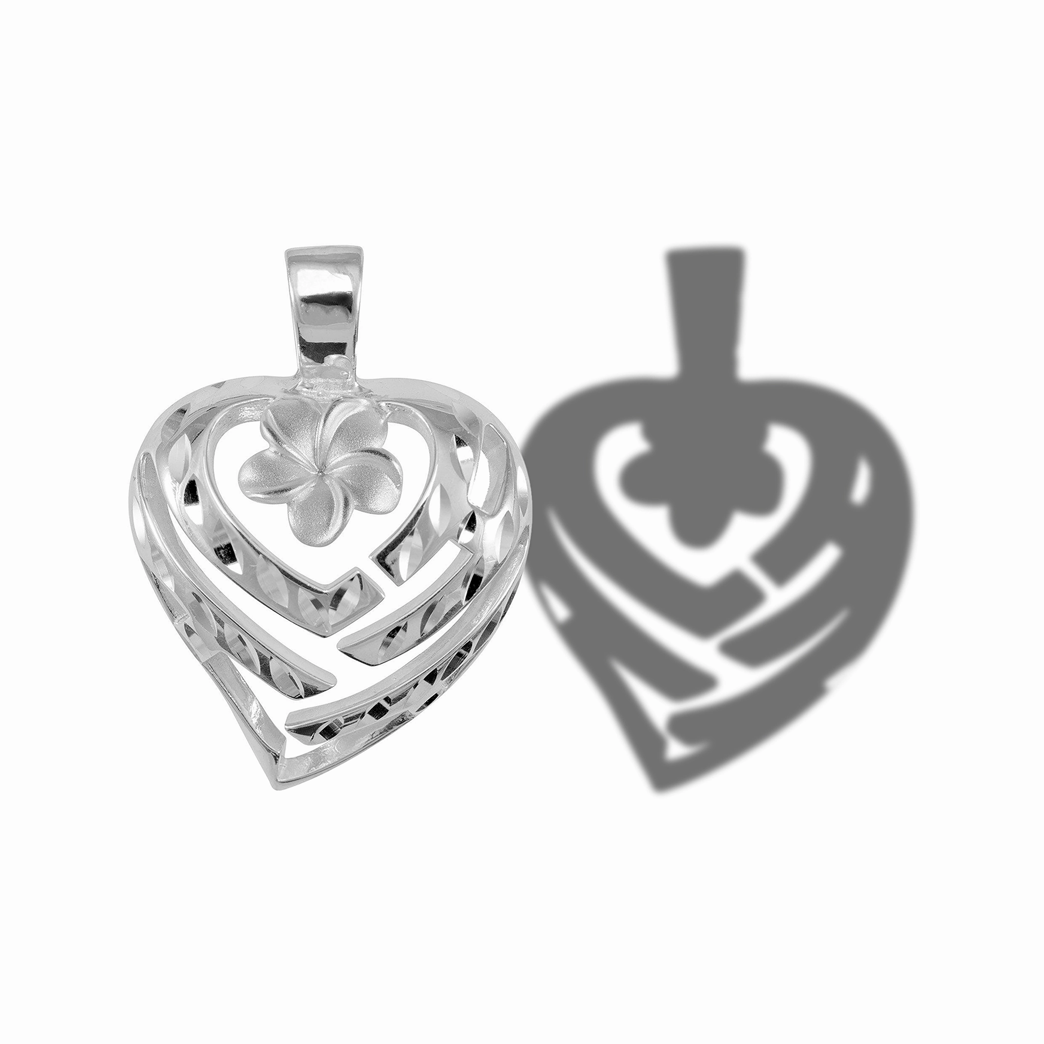 Aloha Heart Plumeria Pendant in Sterling Silver - 21mm Gift worthy