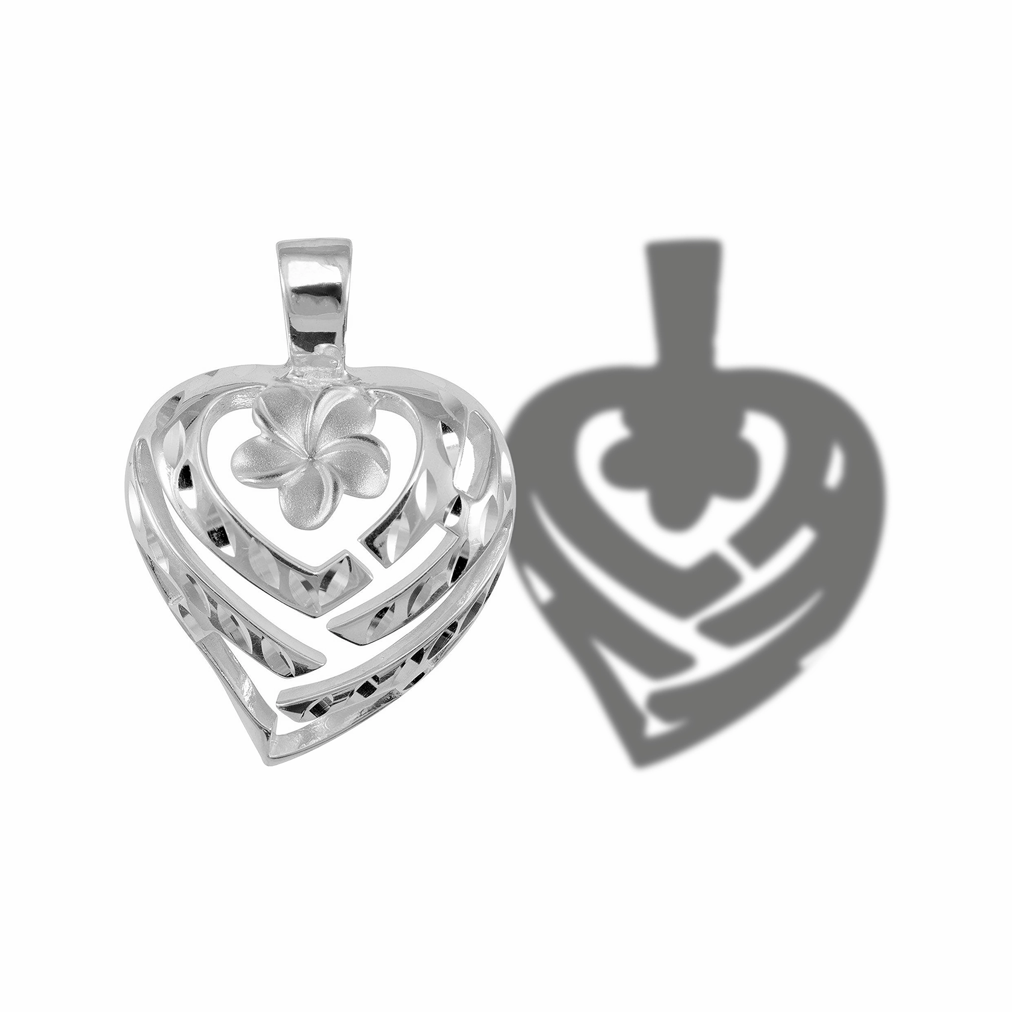 Aloha Heart Plumeria Pendant in Sterling Silver - 21mm Seasonal Edge Polished Shine