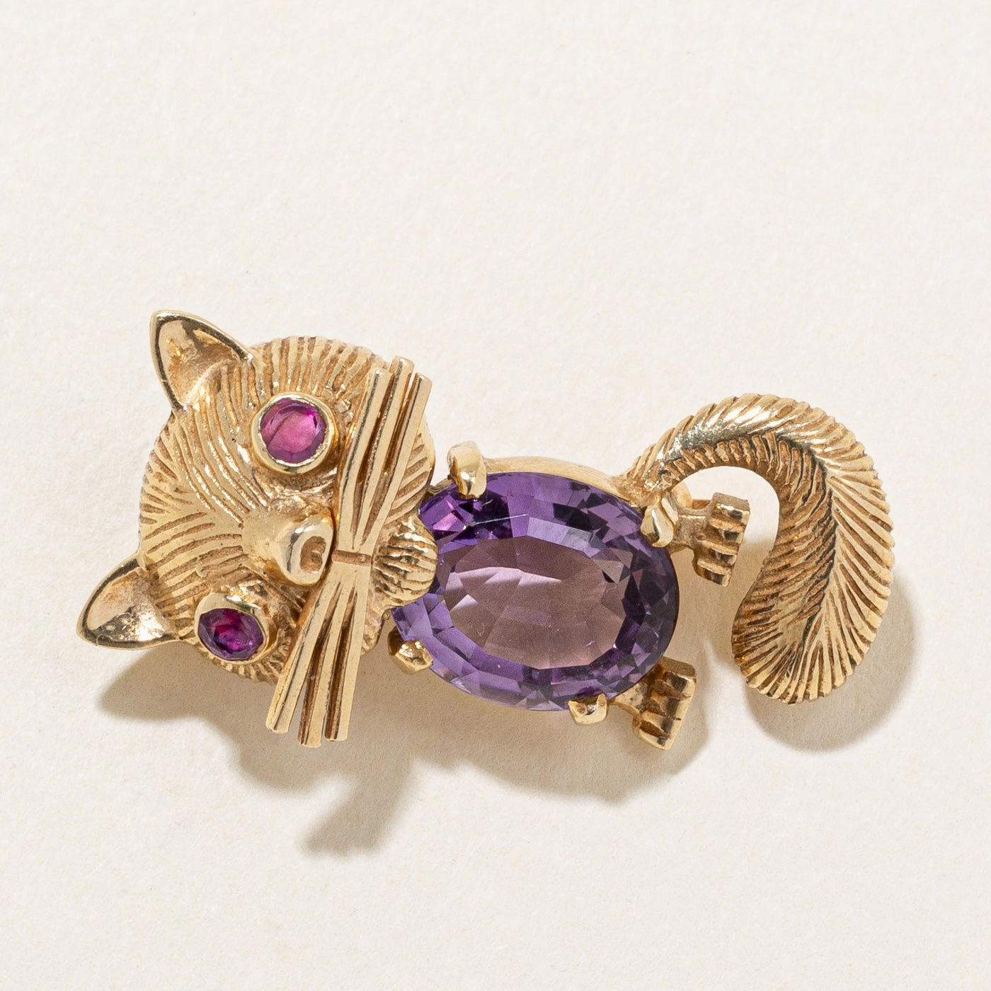 Sophisticated Shine Pieces Lustrous Highlight Amethyst & Ruby Cat Brooch | 4.55ct, 0.26ctw |