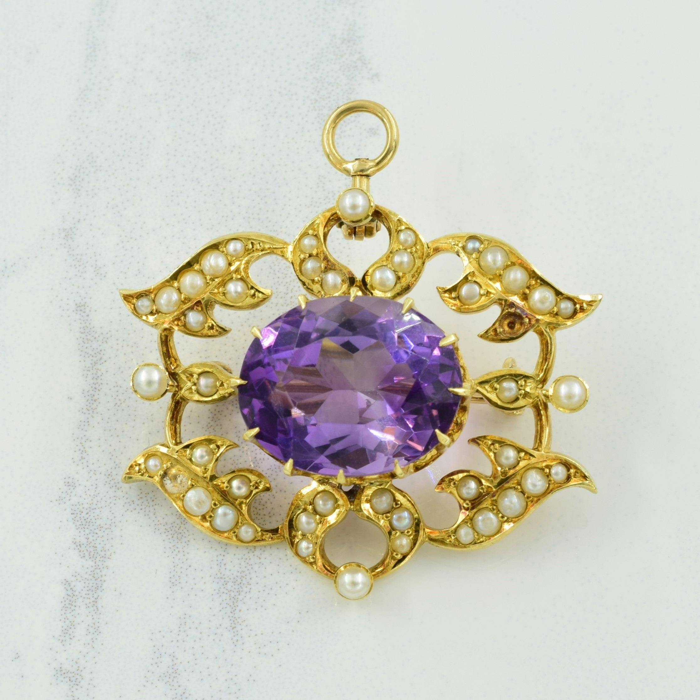 Glow Touch Amethyst & Seed Pearl Brooch & 14k Pendant | 8.75ct, 1.07ctw |