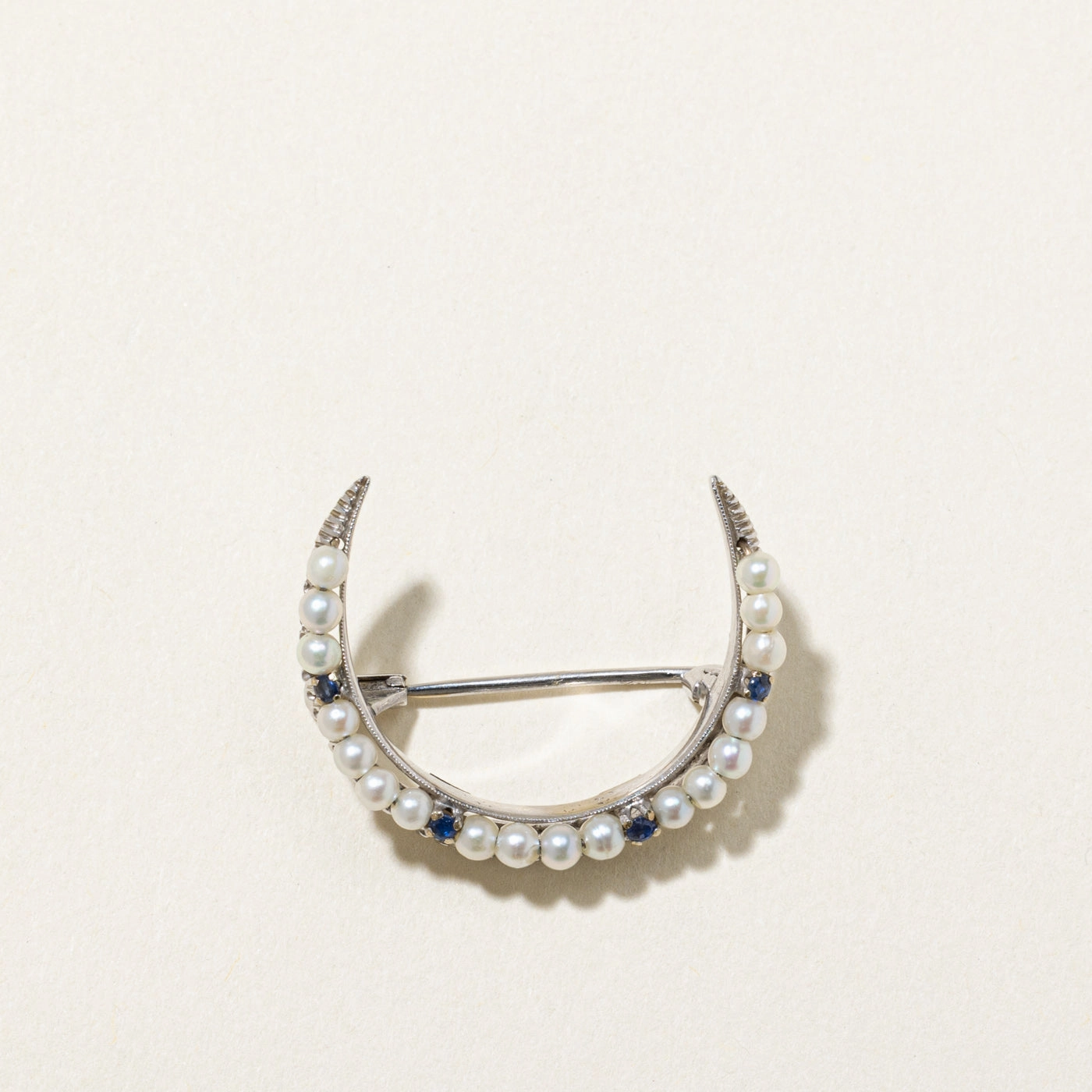 Cool Accent Everyday Accessory Antique Sapphire & Pearl Crescent Brooch | 0.10ctw