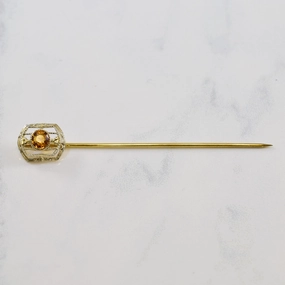 Art Deco Era Solitaire Citrine Pin | 0.24ct | 2.5" | Silky texture Elegant Beauty