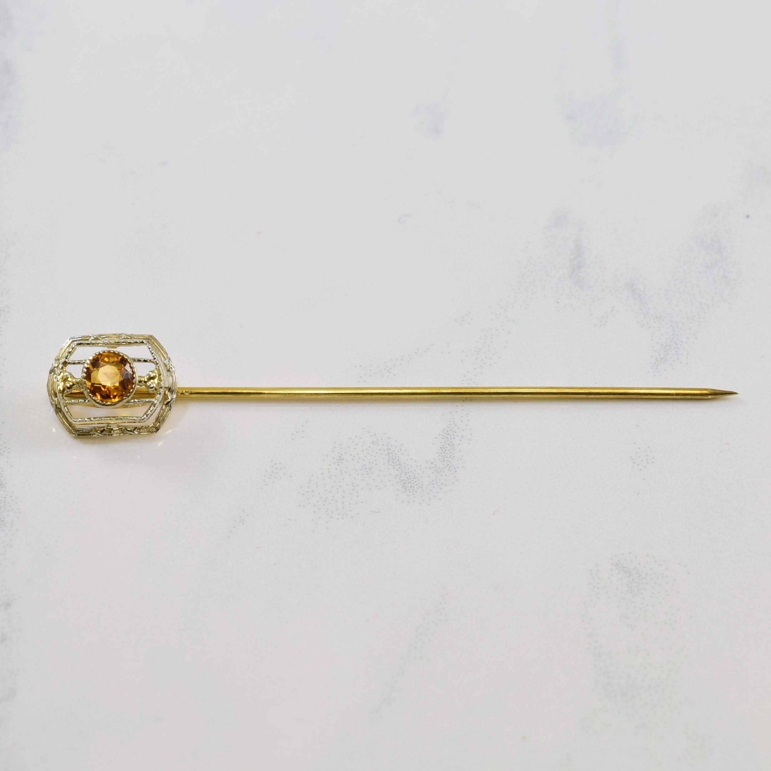Art Deco Era Solitaire Citrine Pin | 0.24ct | 2.5" | Silky texture Elegant Beauty