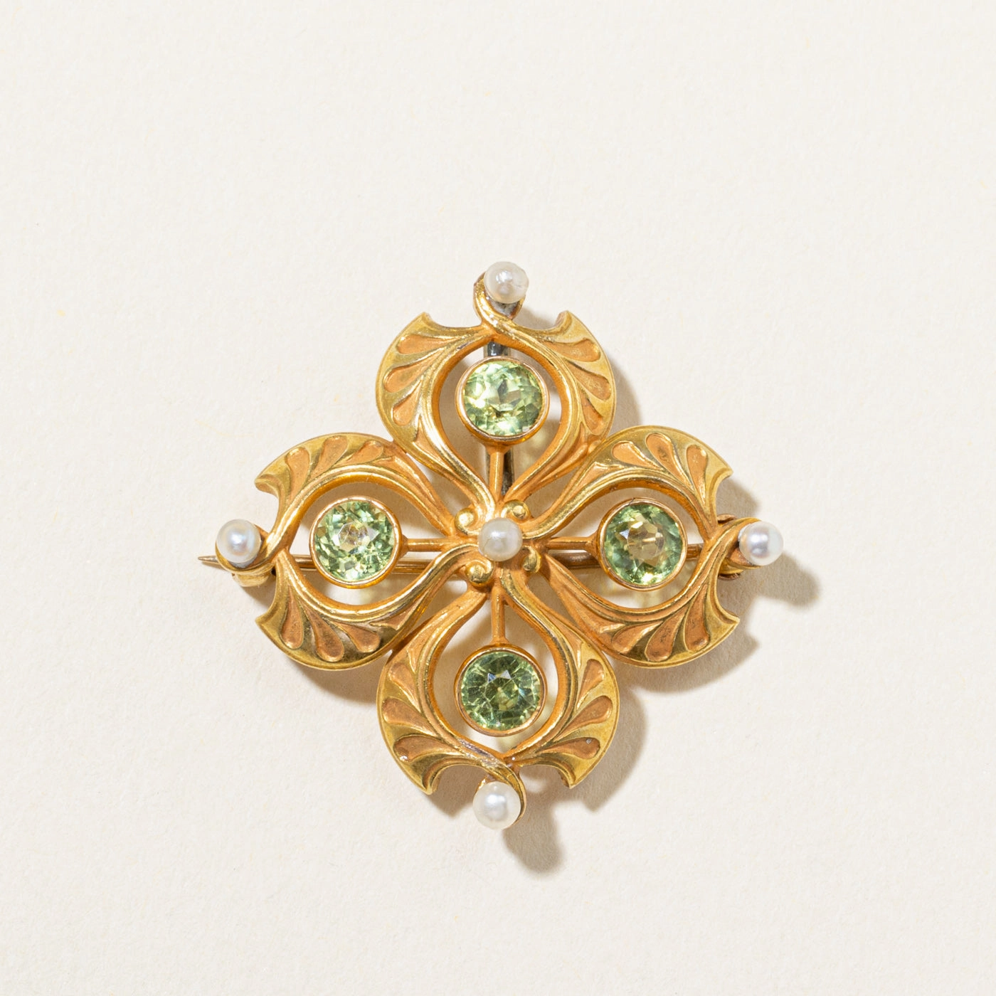 Art Nouveau Pearl & Peridot Brooch | 1.36ctw Precious Stones Shimmer Mood