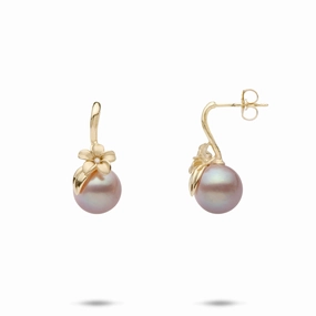 Plumeria Lavender Freshwater Pearl Earrings in Gold with Diamonds - 9-10mm Handcrafted Beauty Fashion Finish