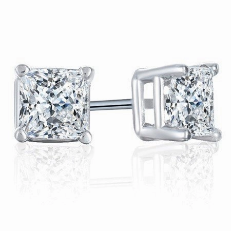 Princess Cut Diamond Stud Earrings 1 Carat 14K White Gold Matte Accent