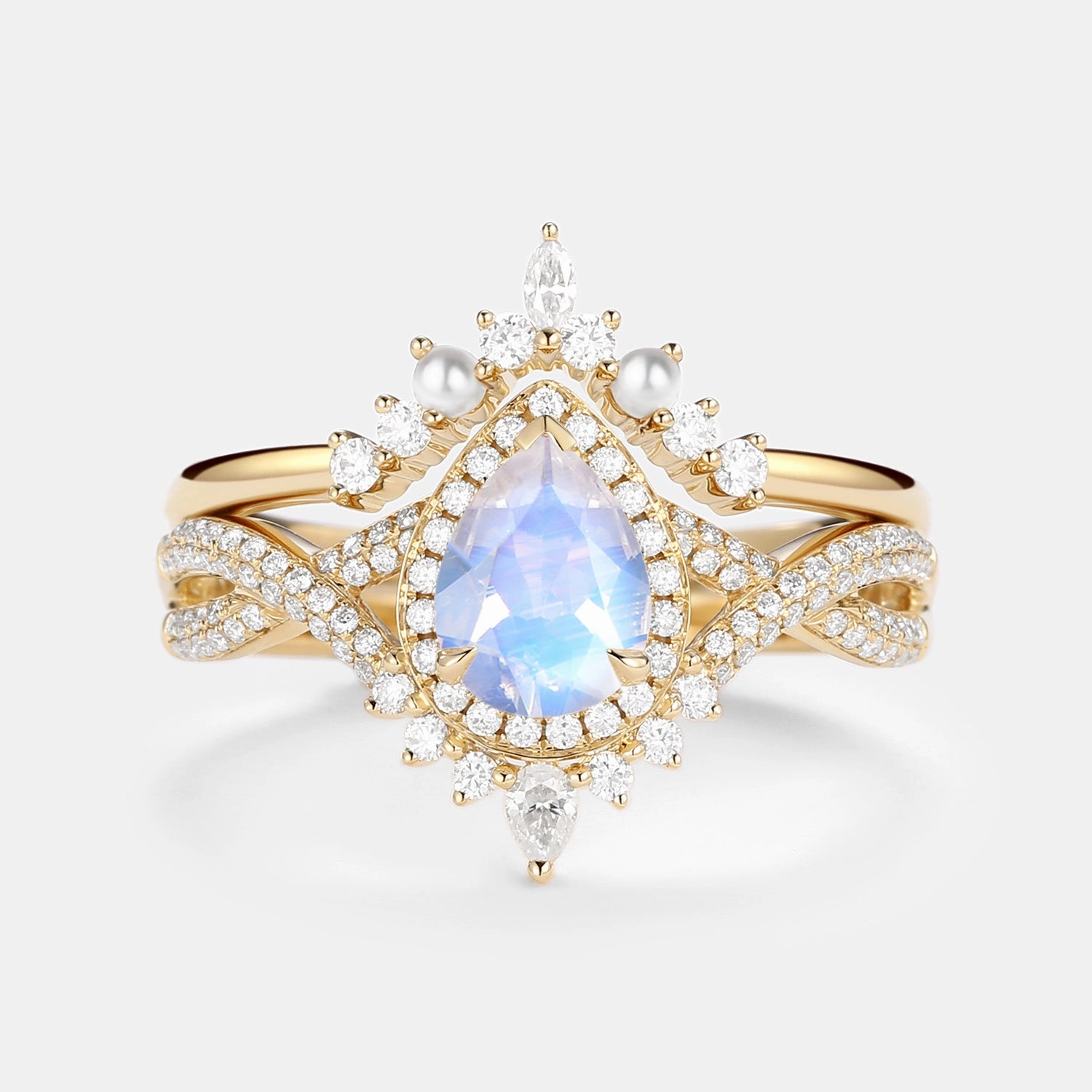 1.5ct Pear Moonstone & Pearl Halo Infinity Ring Set 2pcs Chic Edge