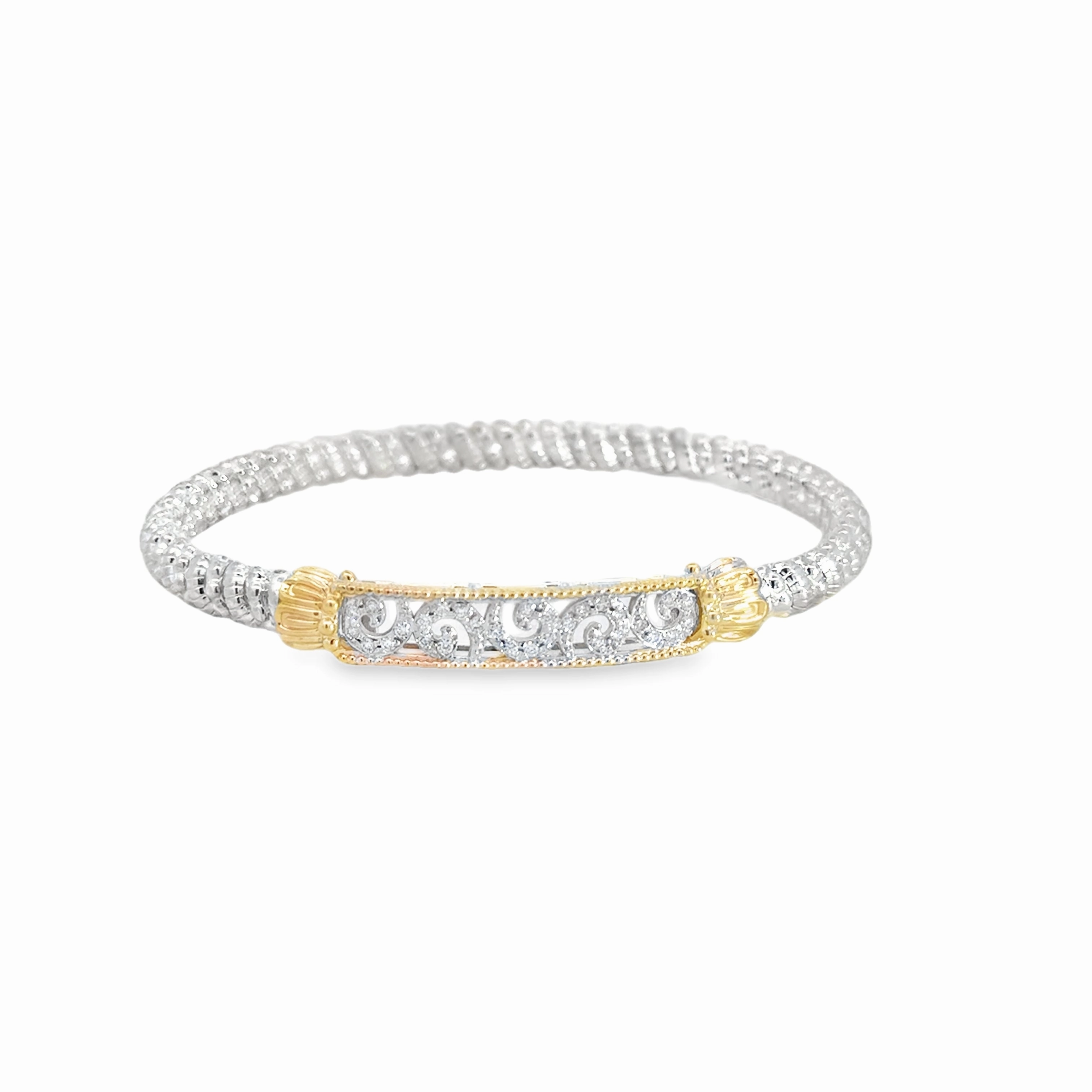 Bold Jewelry 14K Yellow Gold and Sterling Silver Diamond Bangle Bracelet