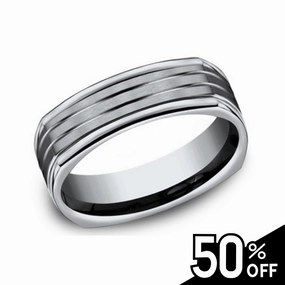 Glam Pairing Brushed Grooved Center Square Titanium Ring with Polished Edges