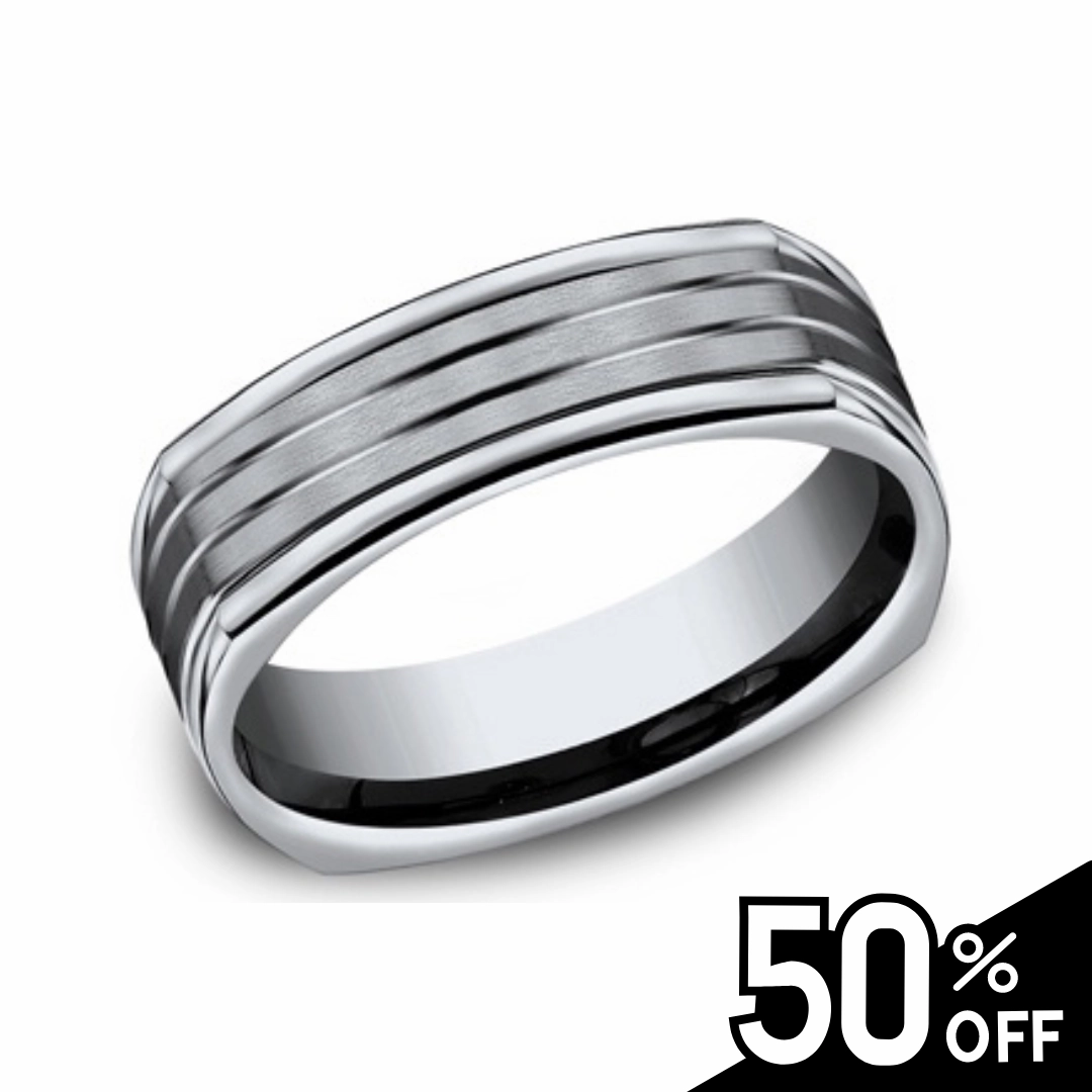 Glam Pairing Brushed Grooved Center Square Titanium Ring with Polished Edges