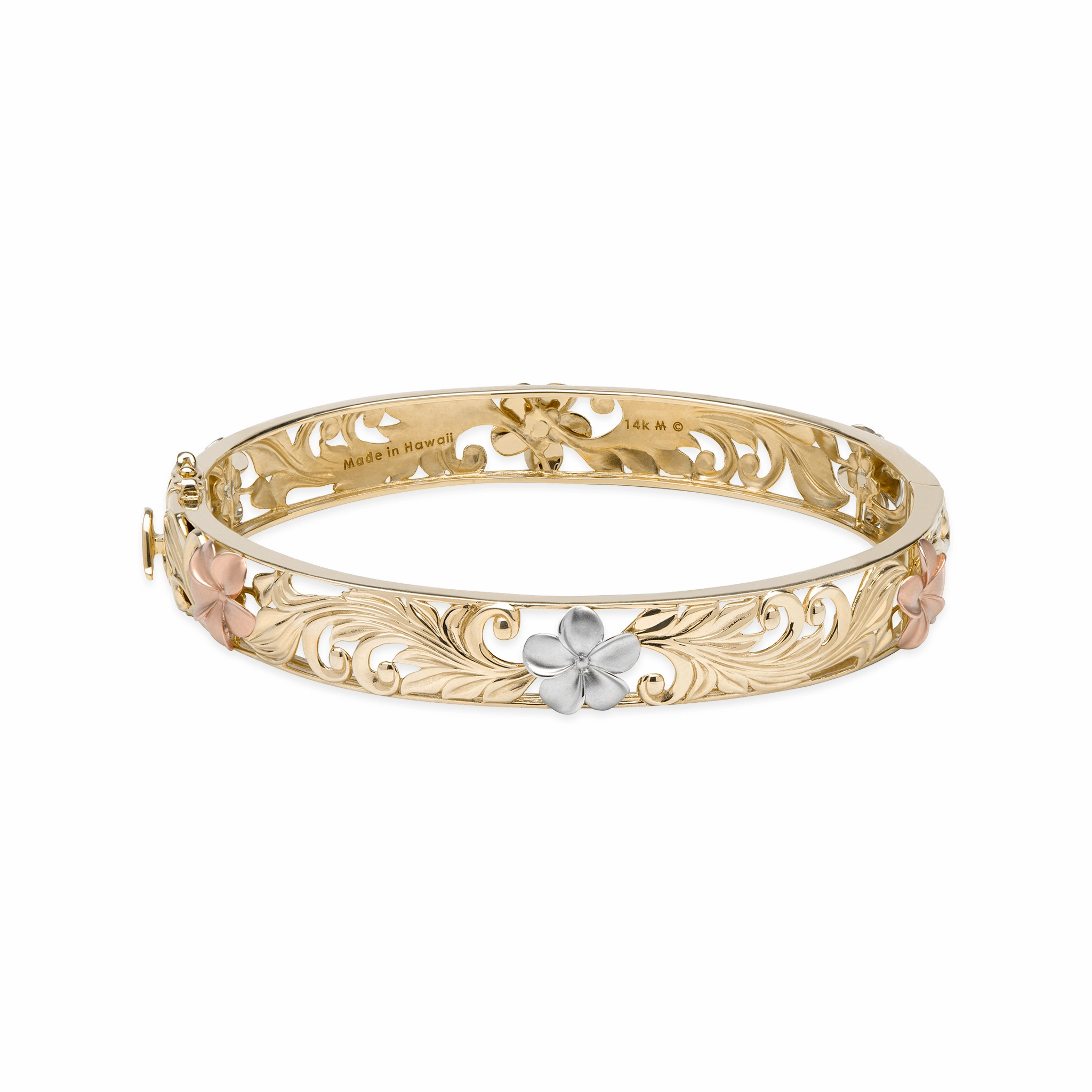 Hawaiian Heirloom Plumeria Hinge Bracelet in Tri Color Gold - 10mm Star Detail