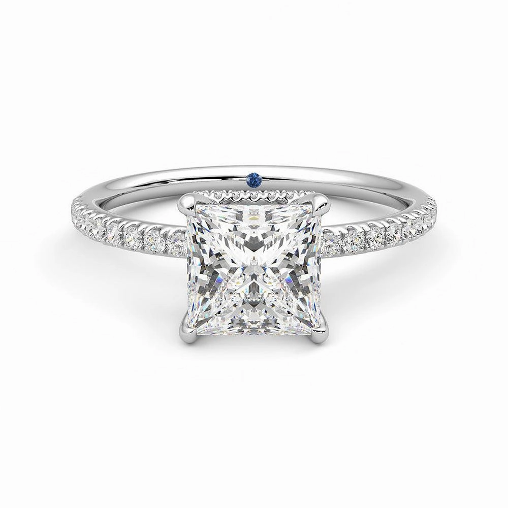 Princess Cut Moissanite Engagement Ring with Hidden Halo and Anniversary Stone Accent Colorful Glow