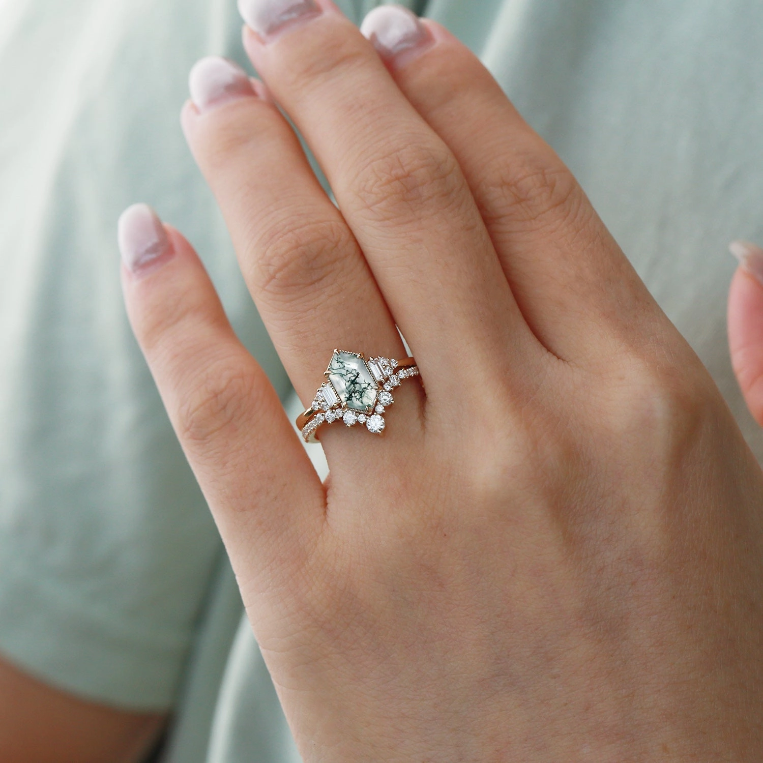 Sentimental Ornament Eternal Accessory Black Gold Long Hexagon Moss Agate Milgrain Engagement Ring Set 2pcs