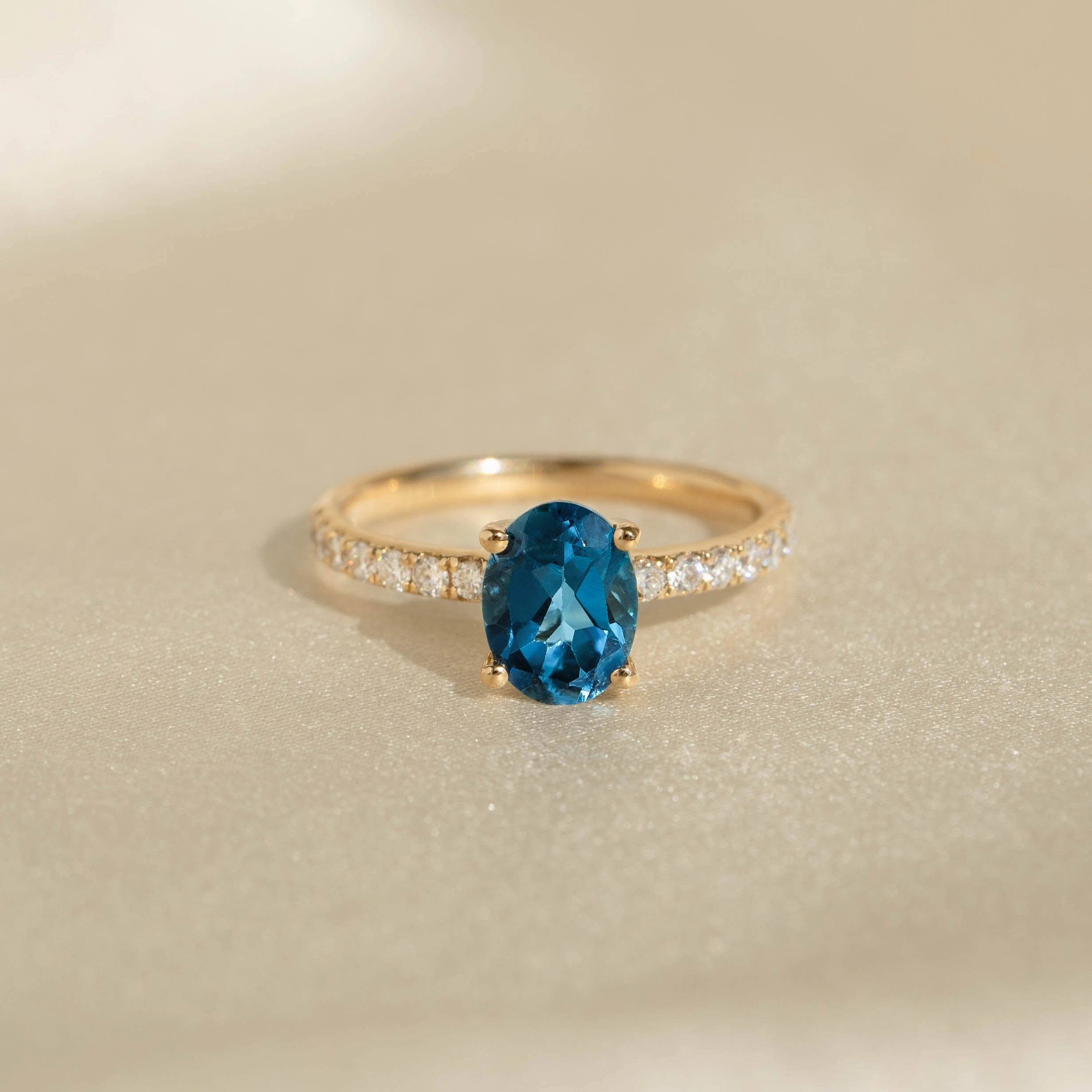 Oval London Blue Topaz and Diamond Ring 14k Gold - Minette Shimmering Accent