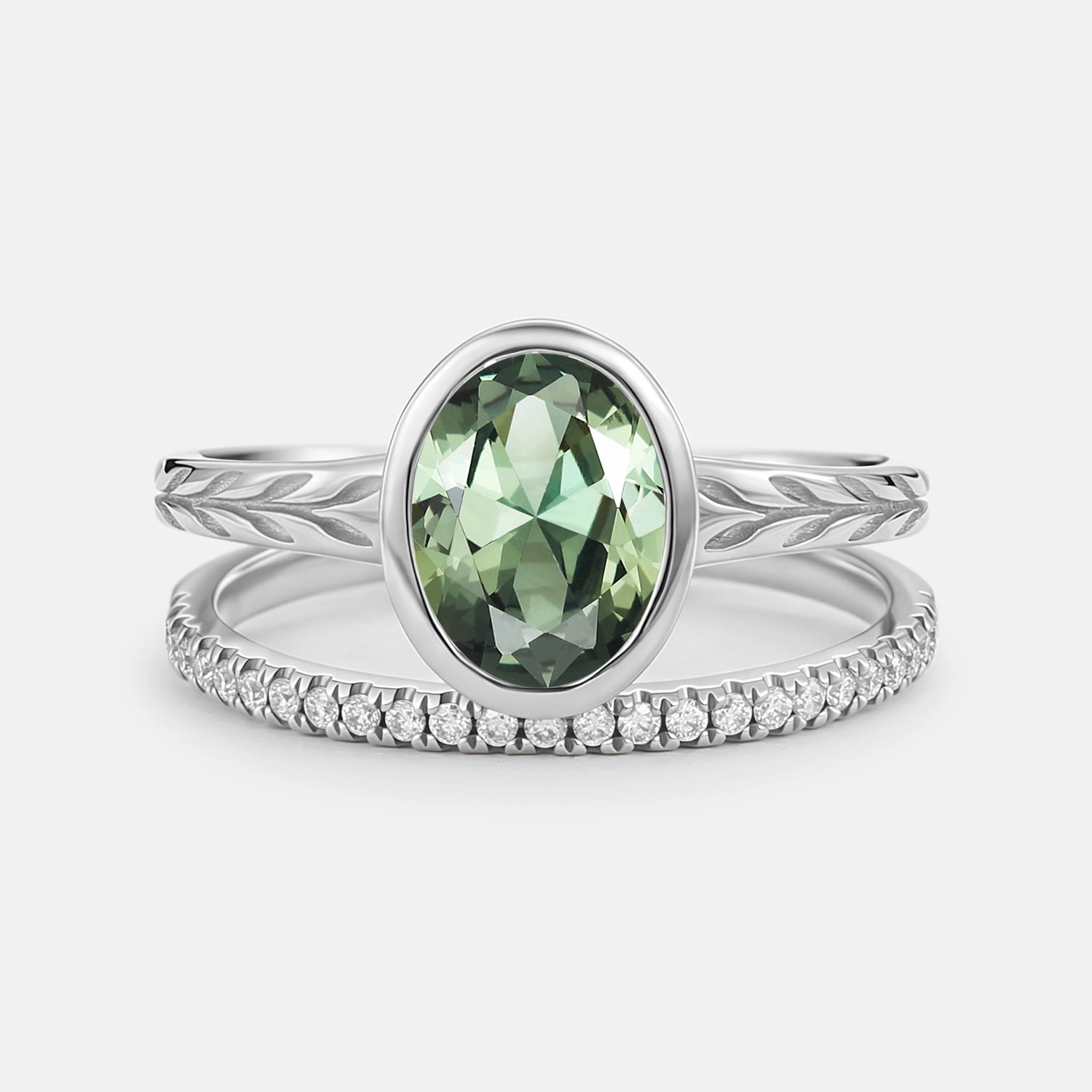 Trend Forward Oval Cut Lab Green Sapphire Bezel Engagement Ring Set 2pcs